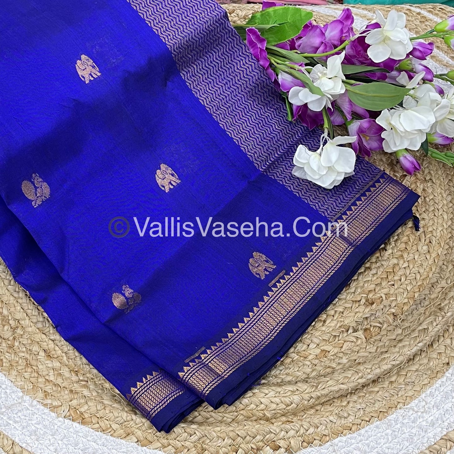 Pure Silk Cotton Saree -  Mayil & Elephant Design - Royal Blue shade  - VVMES001