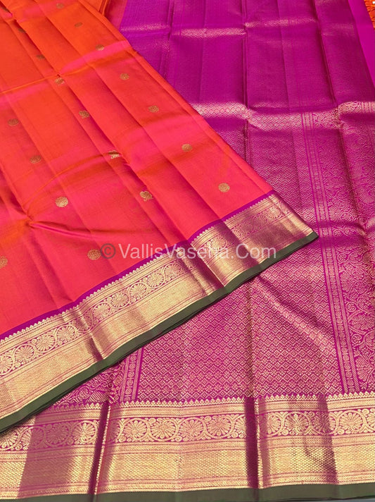 Pure Kanchipuram Silk Saree - Peach with Pink Combo - VVPS011