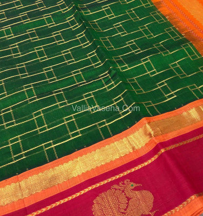 Pure Korvai Silk Cotton Green With Red & Orange - VVKSC020