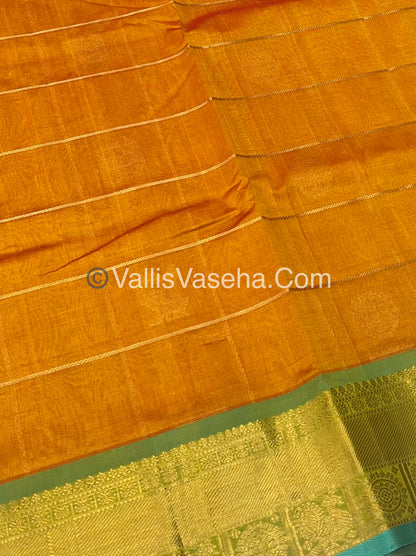 Pure Silk Cotton Saree - Mayil & Chakkaram Design - Double Tone  Mango Yellow with  Turquoise - VVMC001