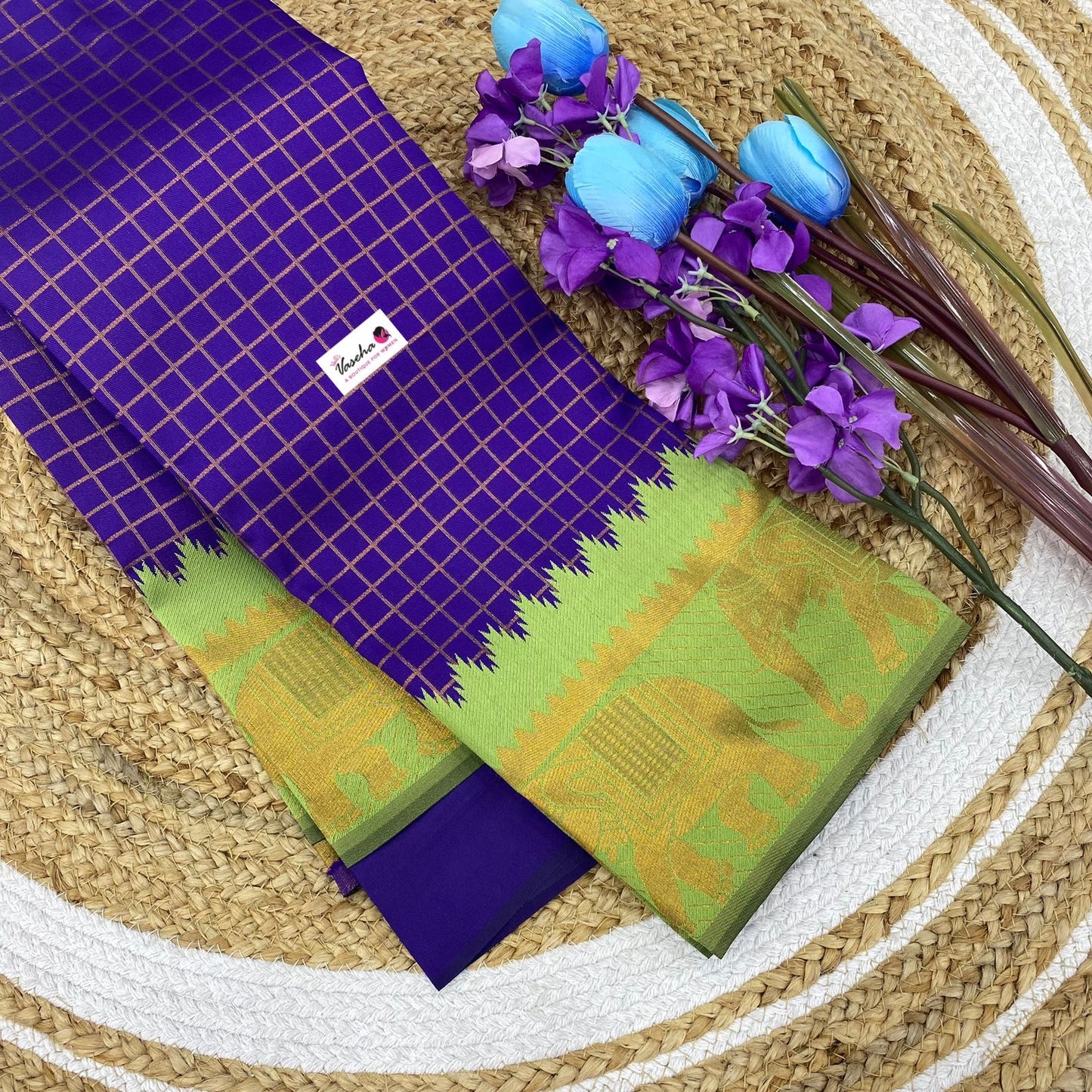 Semi Silk Saree - Kanchi Silk Style - Elephant Border - Violetish Blue with Light Green - VVSSS005