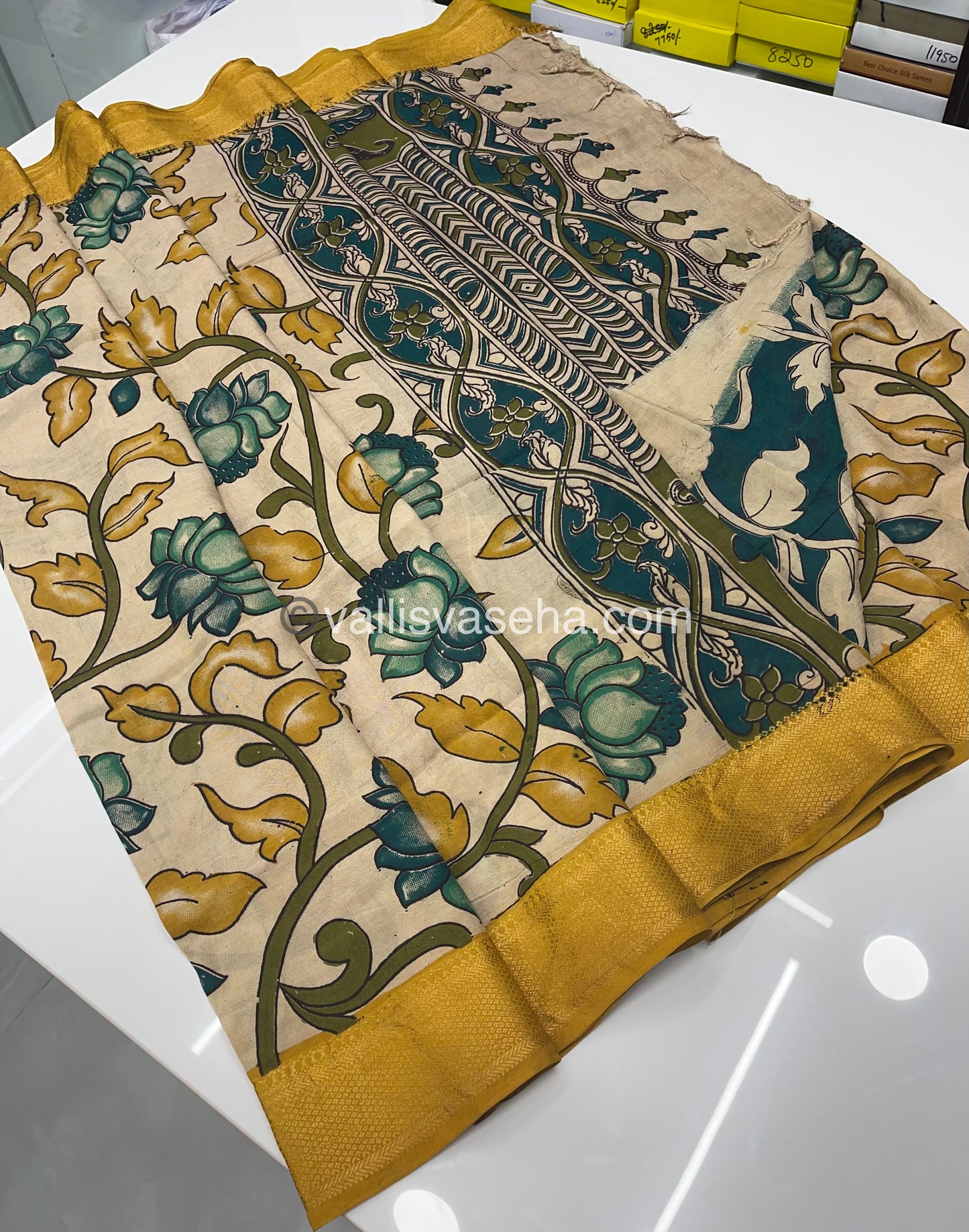 Chennur Silk | Kalamkari Prints | Cream With Yellow-VVCS005