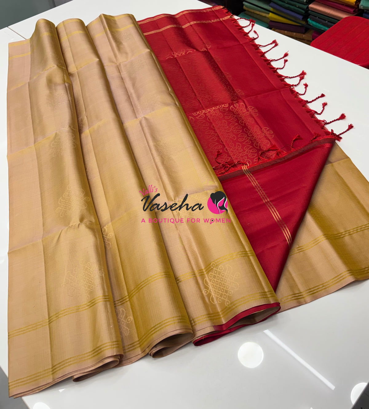 Pure Soft Silk Saree  - Kolam Weaving  - Creamish Gold & Red Combo - VVPSS160