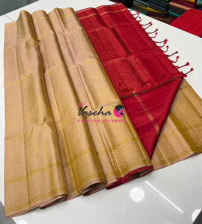 Pure Soft Silk Saree  - Kolam Weaving  - Creamish Gold & Red Combo - VVPSS160