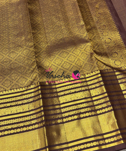 Pure Kanchipuram Silk Saree - Vairavoosi Design  - Green & Brown Combo - VVPS014
