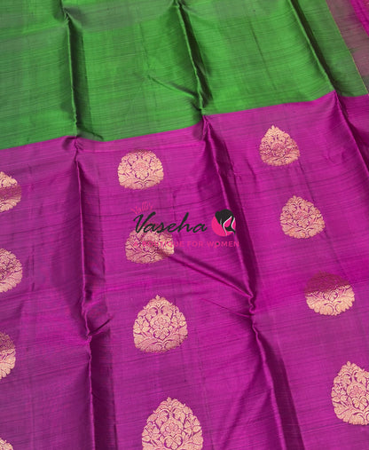 Pure Kanchipuram Silk Saree - Half & Half - Green with Purplish Pink Shade - VVPS064