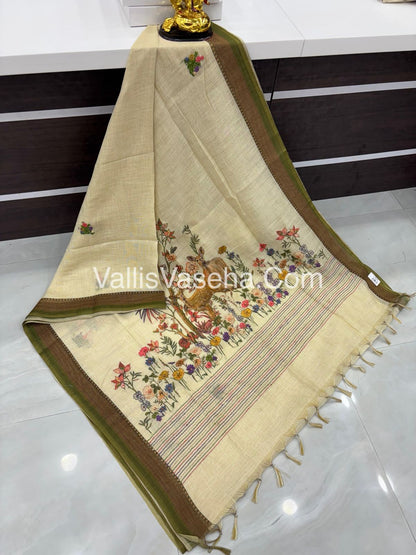 French Knot - Tissue Saree - Cream With Green Shade - VVLFN005