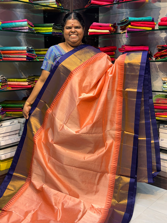 Pure Korvai Silk Cotton Saree - Peach with Blue Combo - Temple border - VVKSC001