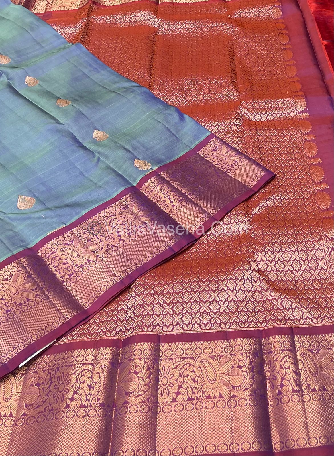 Half Mix - Pure Soft Silk Saree - Greyish Blue & Pinkish Maroon Shade - VVPSS031