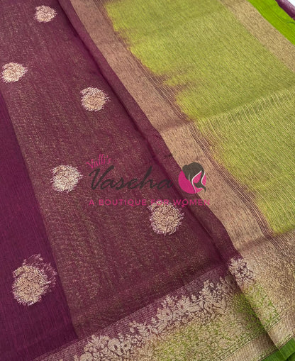 Bamboo Silk Saree- Brown with Green Shade - VVBSS014