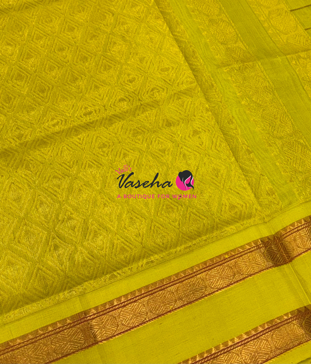 Pure Korvai Silk Cotton With Retta Petta Border - Checks pattern - Green & Lemon Yellow - VVKSC013