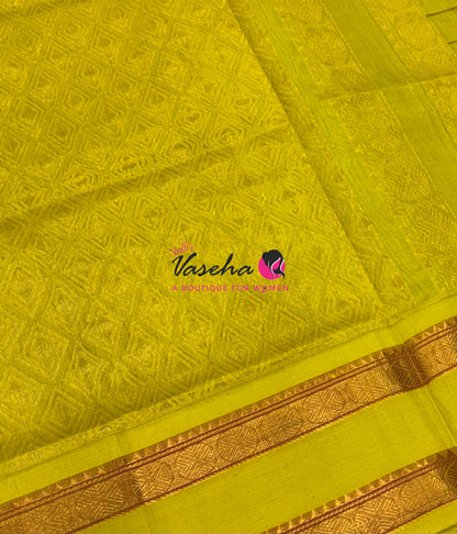 Pure Korvai Silk Cotton With Retta Petta Border - Checks pattern - Green & Lemon Yellow - VVKSC013