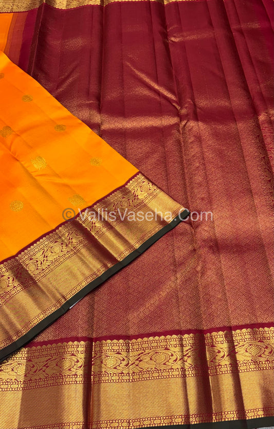 Pure Vintage Korvai Kanchipuram Silk Saree - Mango Yellow & Maroon Combo - VVPS021