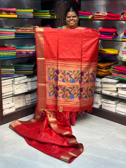 Semi Raw Silk - Paithani Design Weaving - Red Shade - VVRS005