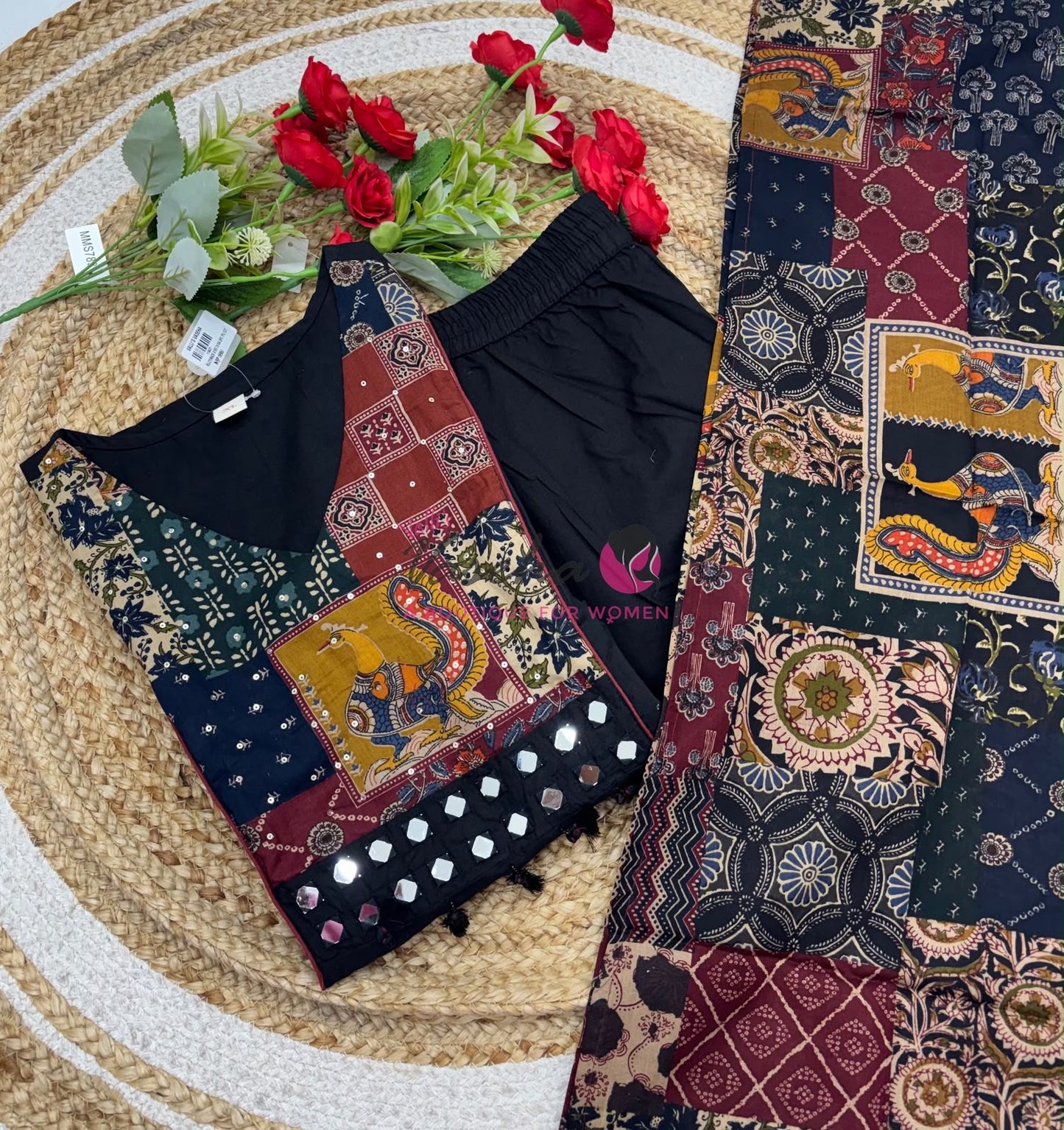 Readymade 3pc Set - Black - V Neck Kalamkari / Ajrakh Design - VVRMS010