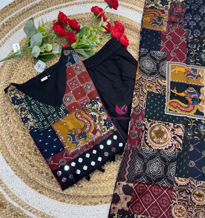 Readymade 3pc Set - Black - V Neck Kalamkari / Ajrakh Design - VVRMS010