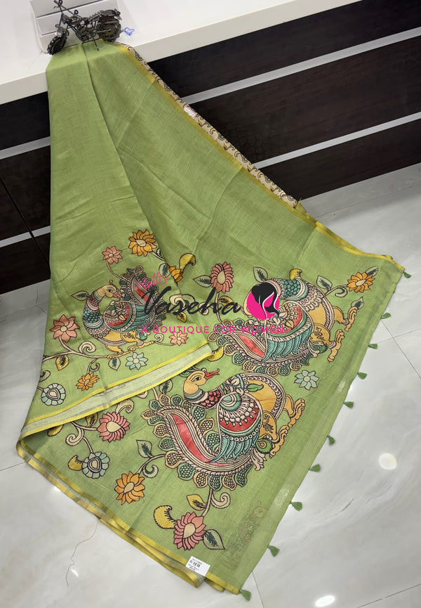 Linen Appliqué Work Saree -  Green  Shade - VVLAS001