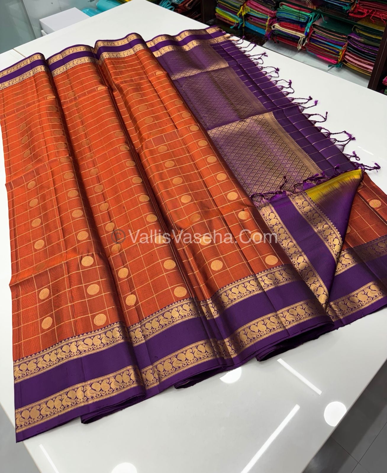 Pure Soft Silk Saree - Retta Petta Border - Rust Orange & Dark Purple Shade - VVPSS057
