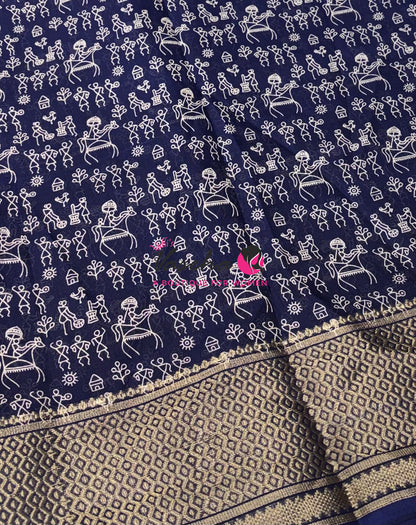 Semi Binny Silk - Varli Design - Navy Blue Shade - VVSBS010