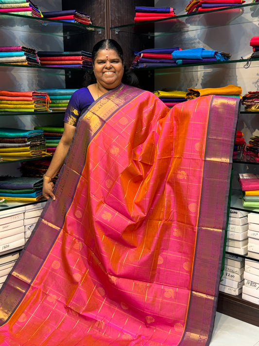 Pure Silk Cotton Saree - Mayil & Chakkaram Design - Peachish Pink with Green - VVMC001