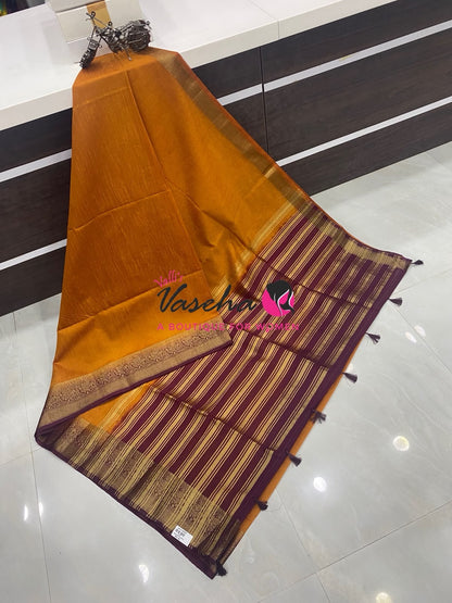 Semi Jute Silk Saree - Orange With Maroon Shade- VVSJS001