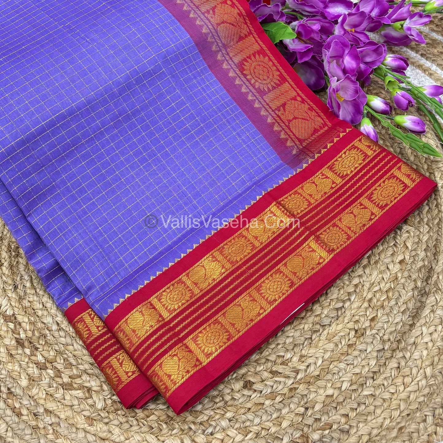Pure Korvai Silk Cotton - Retta Petta Border - Light Lavendar With  Red Combo - VVKSC010