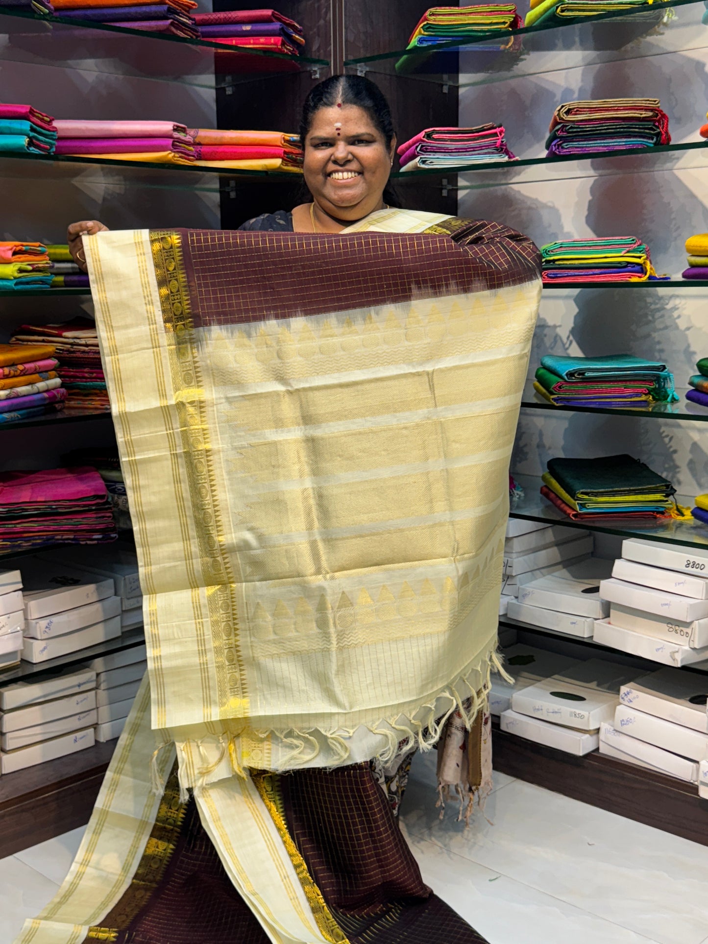 Pure Korvai Silk Cotton - Retta Petta Border - Meroonish Brown  with Cream Combo - VVKSC010