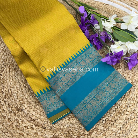 Kanchi Semi Silk - Mayil & Chakkaram design - Yellow with Blue - VVKSS001