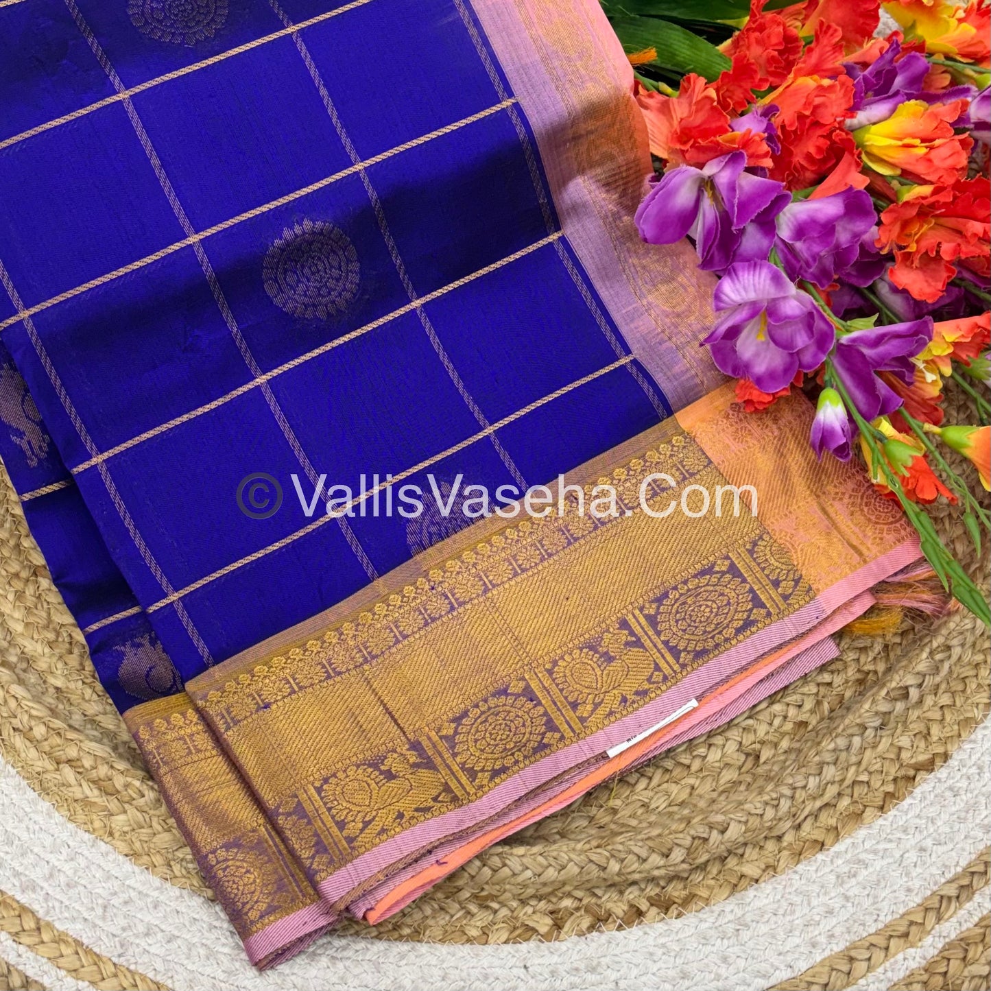 Pure Silk Cotton Saree - Mayil & Chakkaram Design - Shade of  Blue With Pinkish Peach Shade - VVMC001