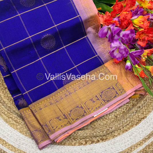 Pure Silk Cotton Saree - Mayil & Chakkaram Design - Shade of  Blue With Pinkish Peach Shade - VVMC001
