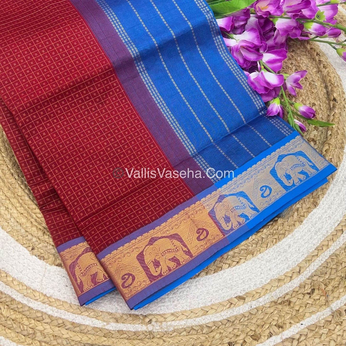 Semi Silk Cotton Saree - Mustand Red With Blue Shade - VVSSC006