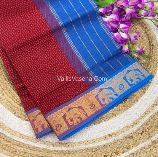 Semi Silk Cotton Saree - Mustand Red With Blue Shade - VVSSC006