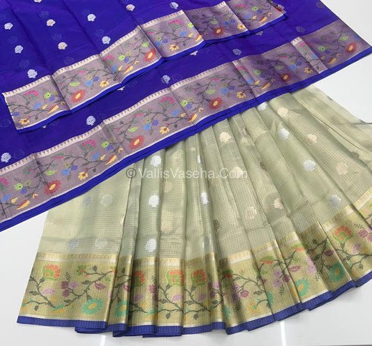Unstitched - Lehenga Material - Zari Kota Tissue - Pista Green & Blue - VVULM001