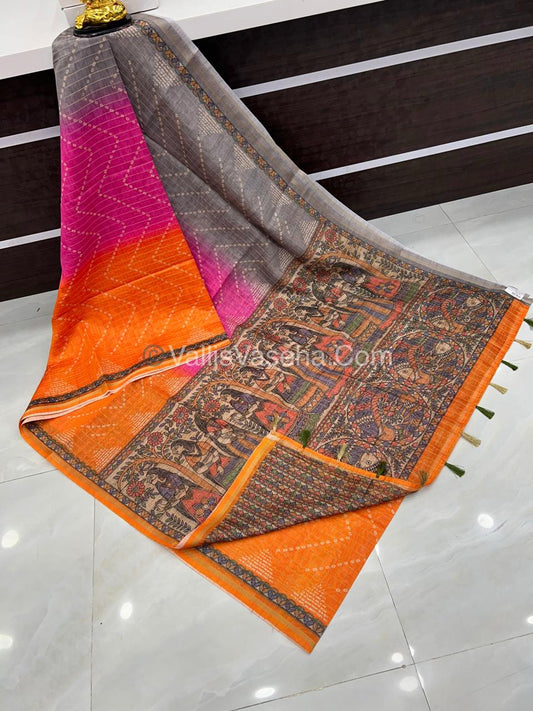 Semi Chanderi Saree - Fusion Of Bandhini & Madhubani- VVSCS002