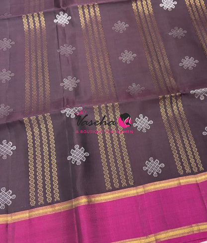 Pure Soft Silk Saree  - Kolam Weaving  - Brown & Pink Combo - VVPSS143