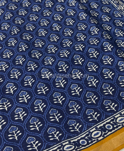 Semi Maheshwari Mixed Cotton Saree - Linen Feel - Indigo Blue & Yellow- VVMSC003