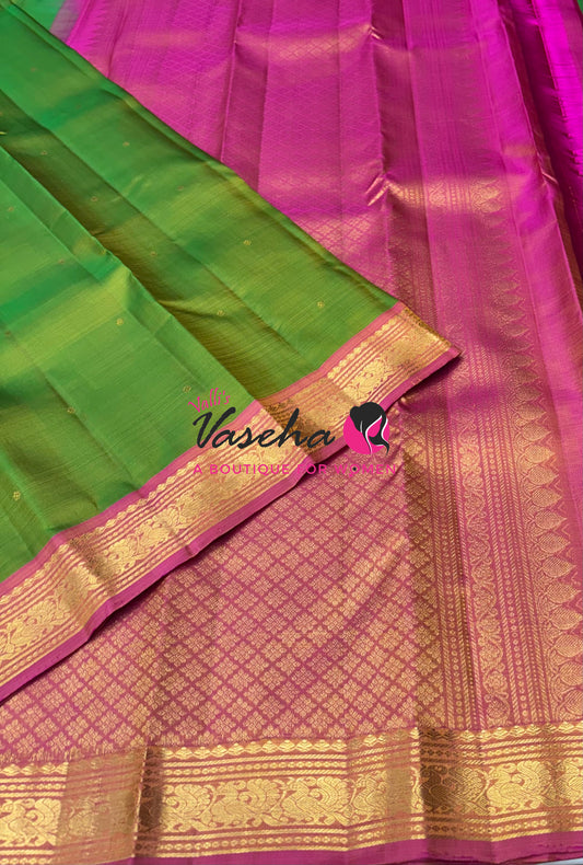 Pure Kanchipuram Silk Saree - Green with Peach - VVPS031