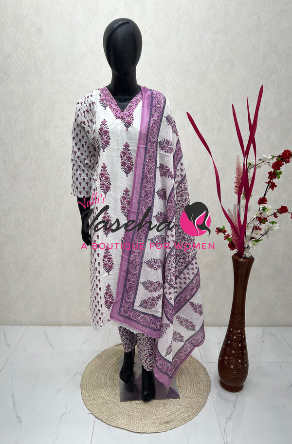 Ready Made | Anarkali |Salwar, Kameez & Duppatta(3pc)|Cotton |White & Lilac(Purple) - VVAS010
