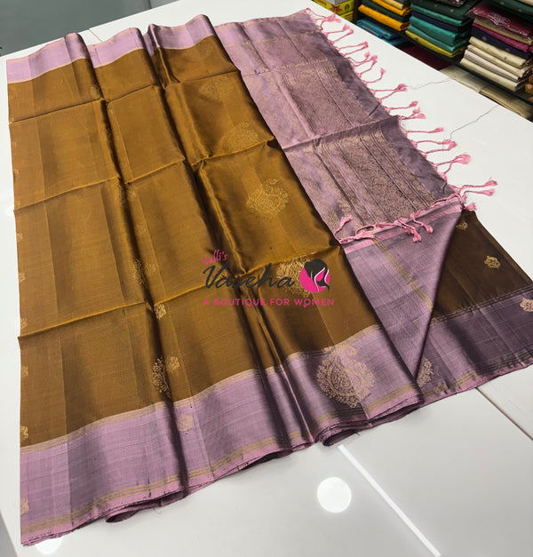 Half Mix - Pure Soft Silk Saree - Mustard Yellow With Onion Pink - VVPSS085