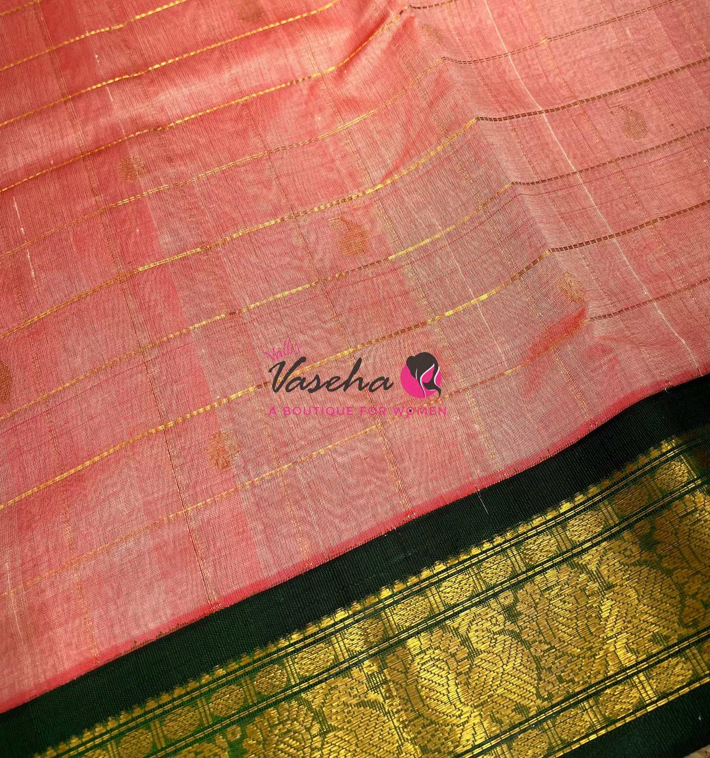Pure Korvai Silk Cotton - Checks Pattern - Peach with Green Shade  - VVKSC015