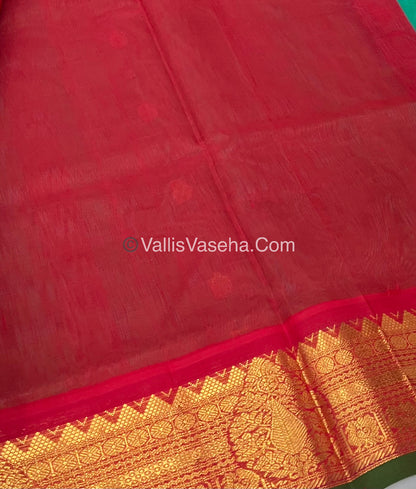 Pure Korvai Silk Cotton Saree - Turquoise Green with Red - VVKSC019