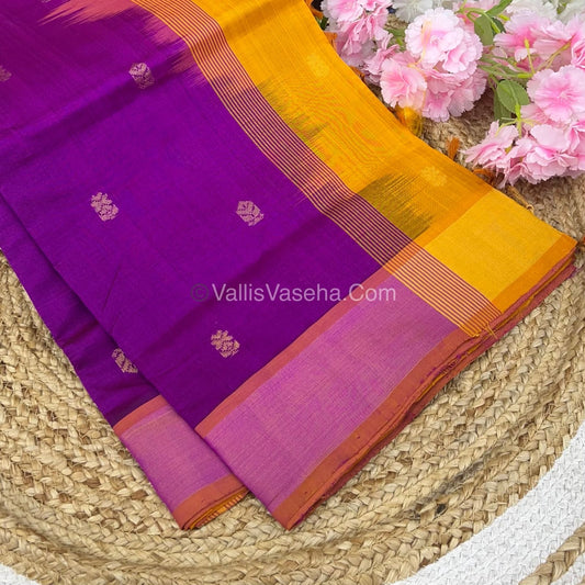 Semi Silk Cotton Saree - Purplish Pink & Yellow Combo - VVSSC001