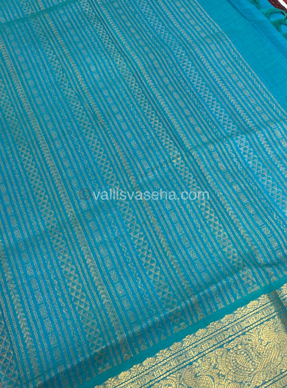 Pure Silk Cotton Saree - Maroon With Turquoise Blue Shade- Lakshadeepam Design - VVPLD001