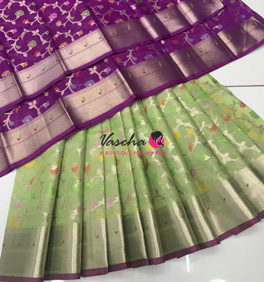 Unstitched - Lehenga Material - Zari Kota Tissue - Green & Purple - VVULM003