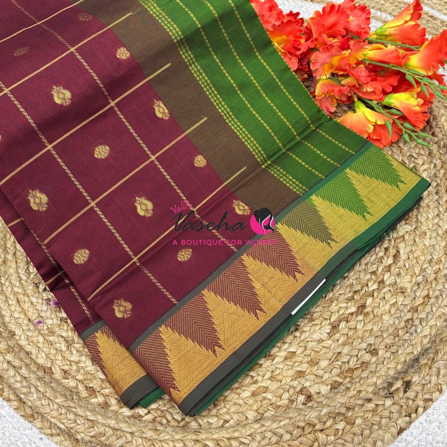Semi Silk Cotton Saree - Checked Pattern with Butta  - VVSSC012