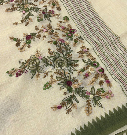 French Knot - Tissue Saree - Cream With Green Shade - VVLFN007