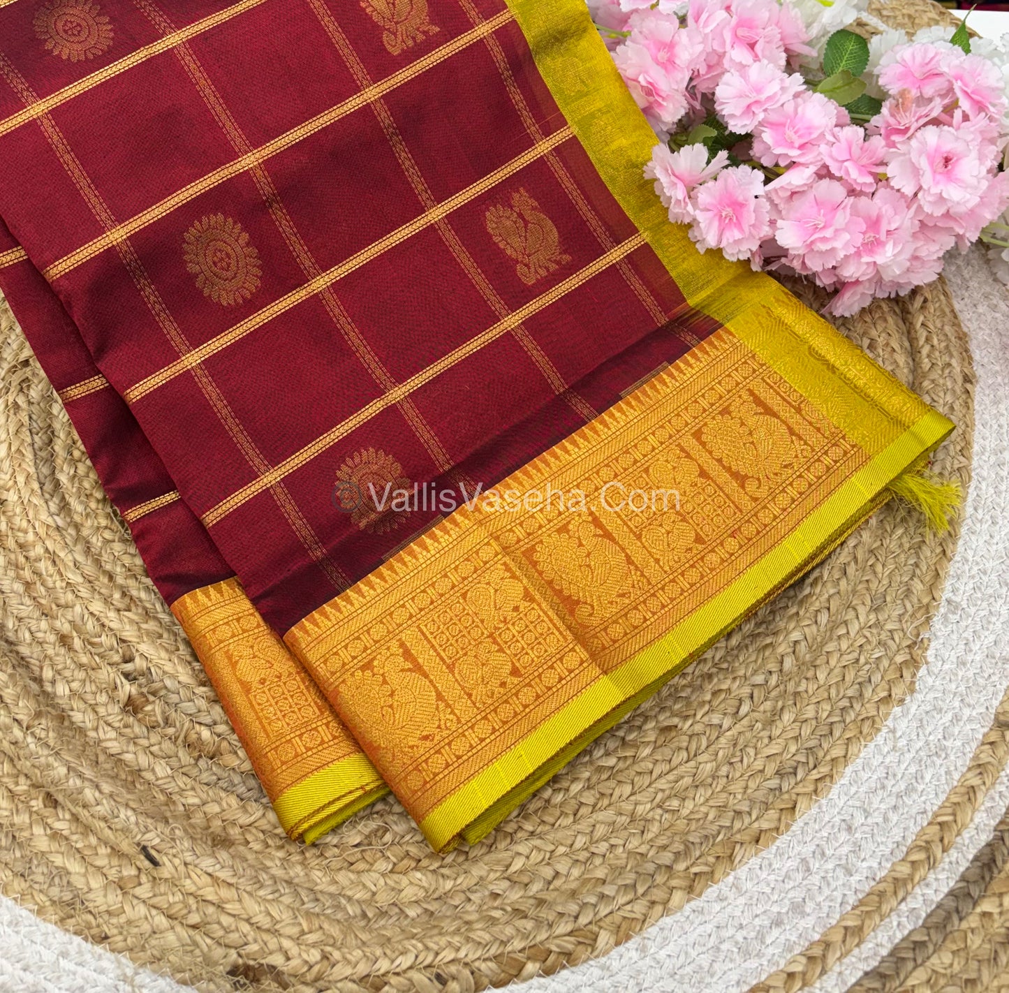 Pure Silk Cotton Saree - Mayil & Chakkaram Design - Maroon With Lemon Green Combo -VVMC003