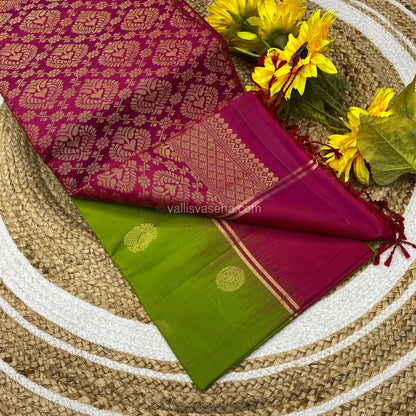 Pure Soft Silk Saree - Mayil & Chakkaram Design - Green With Pink Combo - VVPSS021