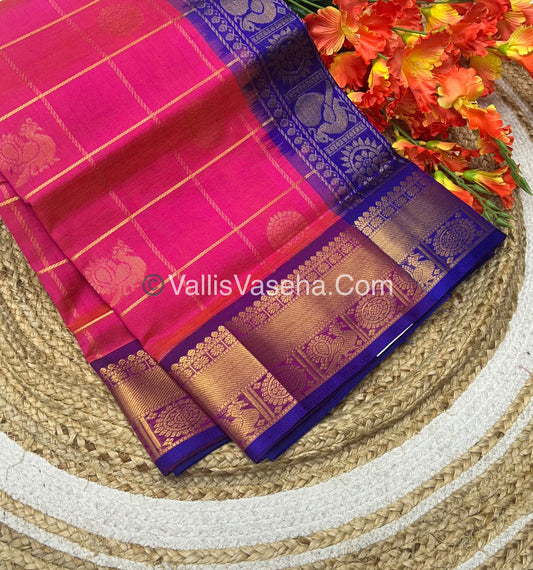 Pure Silk Cotton Saree - Mayil & Chakkaram Design - Double Tone  pink with Blue - VVMC001