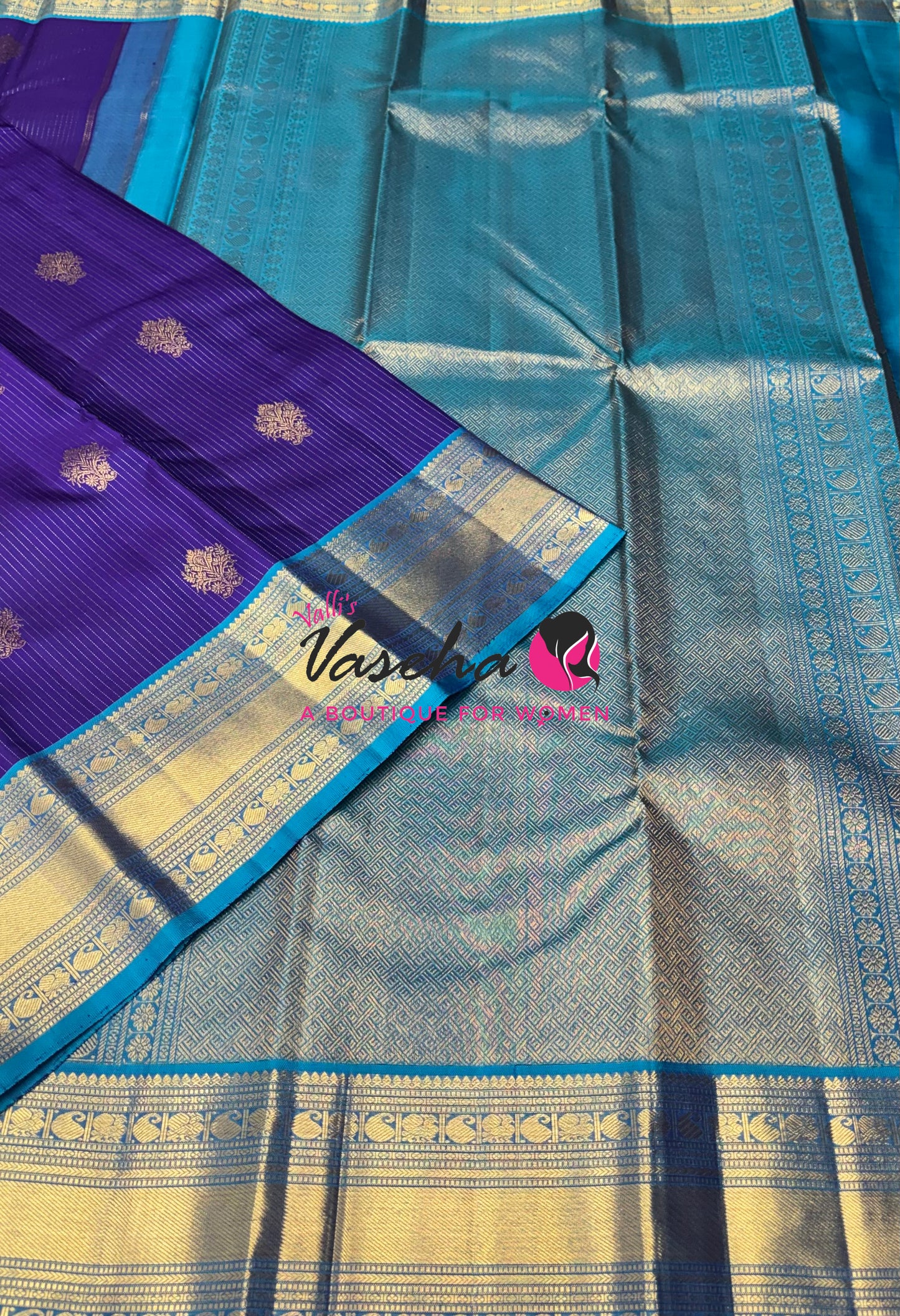 Pure Kanchipuram Silk Saree - Vairavoosi Design  - Violetish Blue & Blue Combo - VVPS059